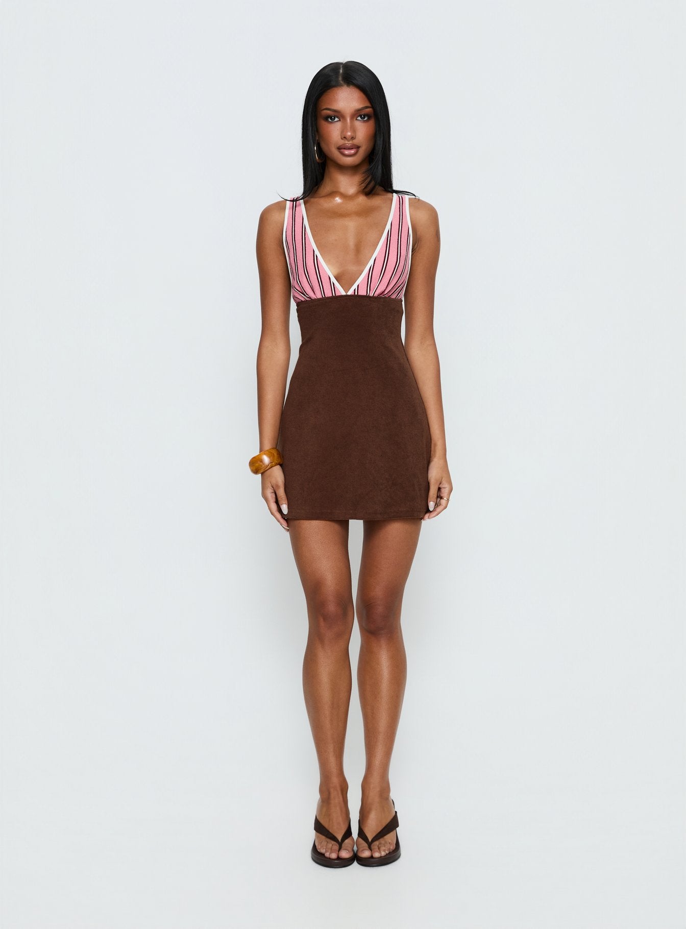Aydenn Contrast Plunge Mini Dress Pink / Brown - Image 7