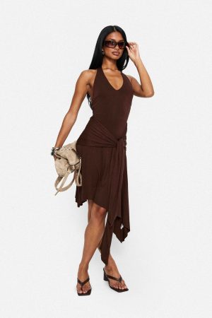 Moonlit Honey Asymmetrical Halter Jersey Midi Dress Chocolate