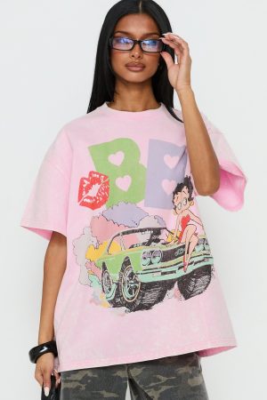 Betty Boop Speedracer Oversized Graphic Tee Washed Pink