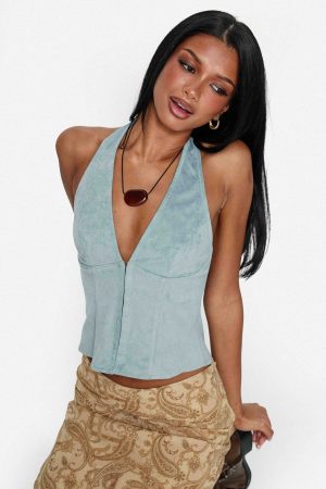 Dalyah Faux Suede Halter Top Soft Blue