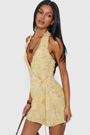 Taija Wrap Mini Dress Yellow Floral
