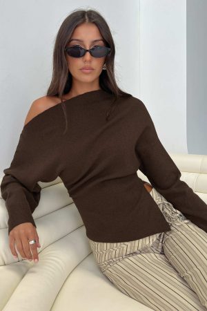 Kaelith Off Shoulder Knit Sweater Brown