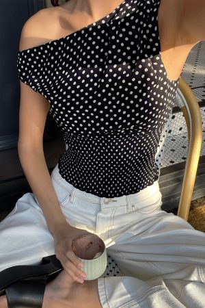Ready To Party Off Shoulder Top Black Polka Dot