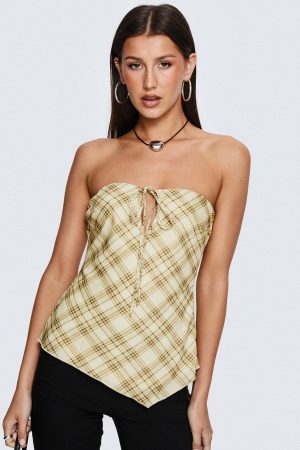 I Wonder Strapless Cut Out Top Yellow Check