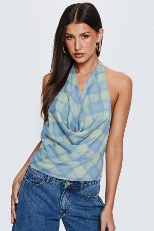 Karelyn Plunge Neck Top Teal Check