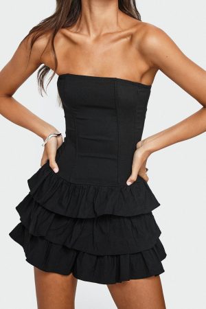 Valentia Tiered Mini Dress Black