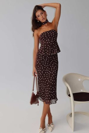 Sydni Midi Bias Cut Skirt Chocolate / Pink Polka