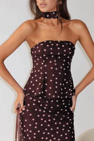 Sydni Scarf Detail Strapless Top Chocolate / Pink Polka Dot