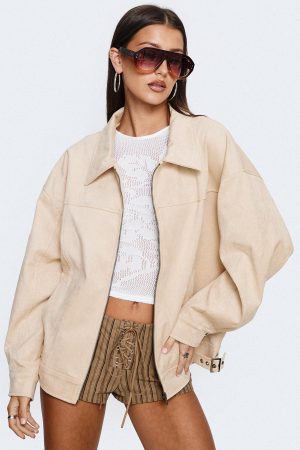 Goldsmith Faux Suede Bomber Jacket Beige