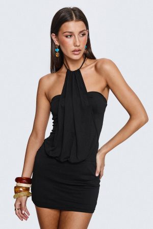 Slip Away Draped Halter Mini Dress Black