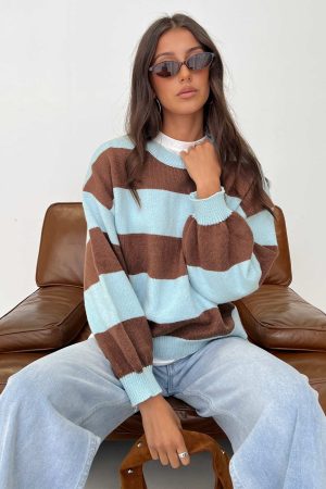 Ardentia Crew Neck Knit Sweater Aqua Stripe
