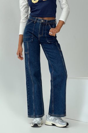 Chad High Rise Wide Leg Cargo Jeans Dark Wash Denim