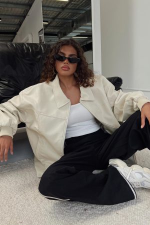Goldsmith Faux Leather Bomber Jacket Cream