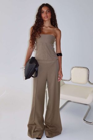 Madelle Mid Rise Straight Leg Pants Brown Pinstripe