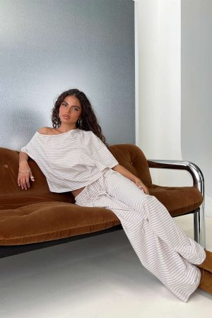 Tobie Off Shoulder Sleep Set Beige Stripe
