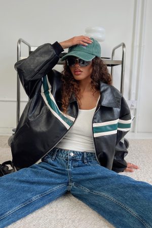 Goldsmith Faux Leather Bomber Jacket Black / Green