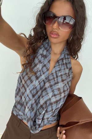 Aldana Plunge Neck Top Multi Check