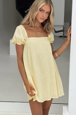 Beyond Linen Blend Mini Dress Yellow