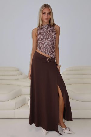 Nola Hardware Slit Maxi Skirt Brown