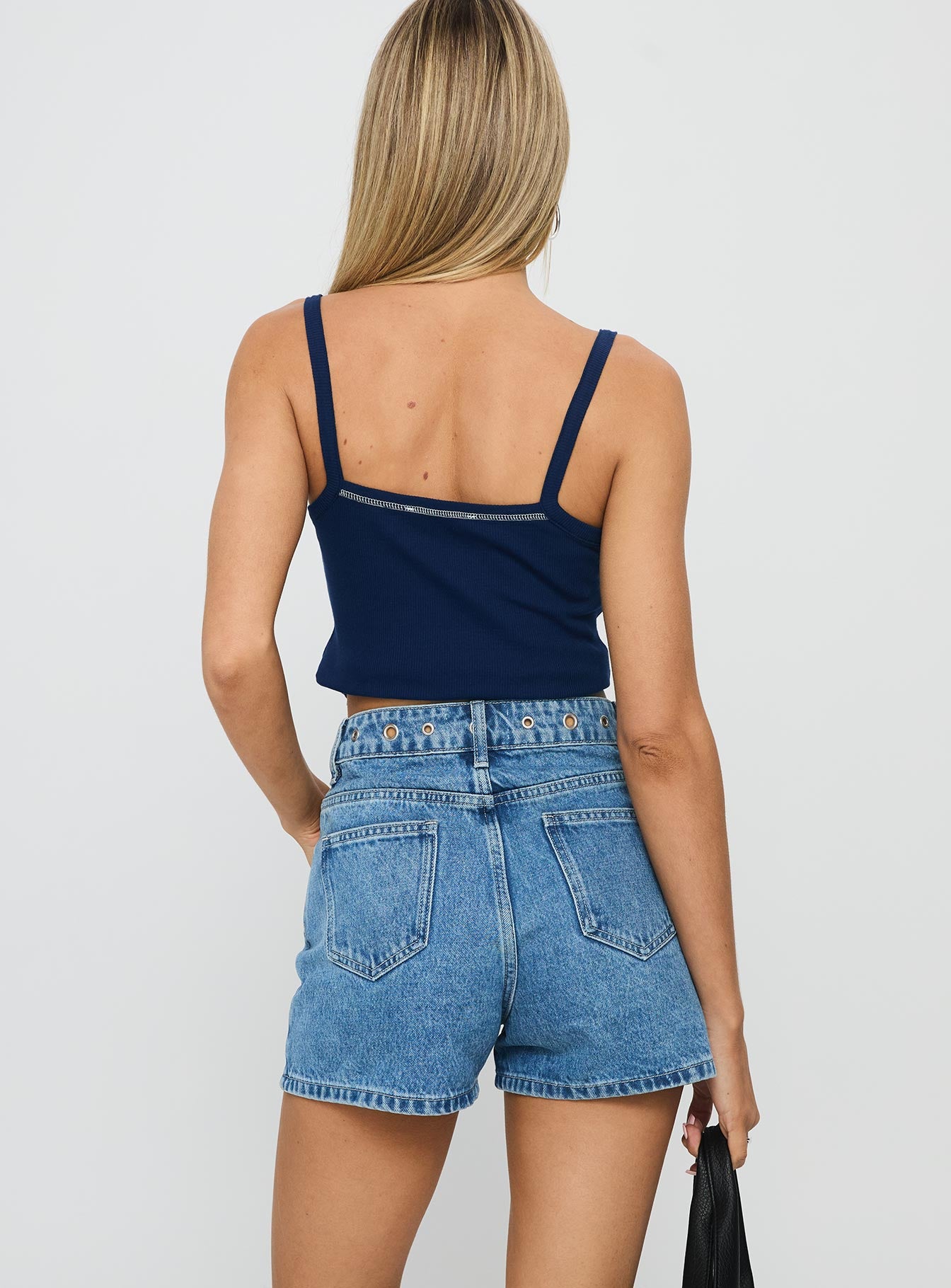 Tropicana Denim Eyelet Detail Shorts Mid Blue - Image 5