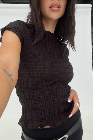 Romelle Shirred Top Black / Brown Plaid