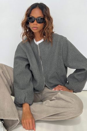 Karletta Cropped Bomber Jacket Grey
