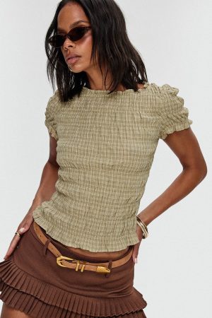 Romelle Shirred Top Green / Brown Plaid