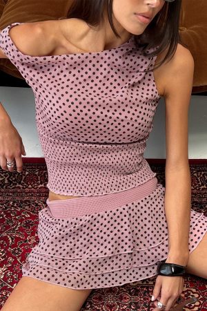 Ready To Party Off Shoulder Top Pink / Black Polka