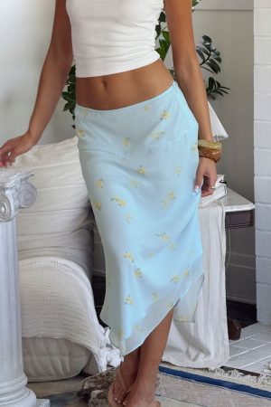 Daphene Asymmetrical Midi Skirt Blue Floral