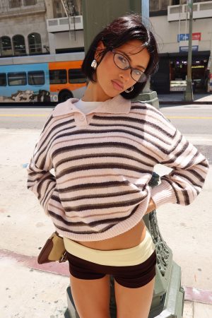 Jeanny Collared Knit Sweater Brown / Pink Stripe
