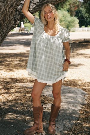 Embracing Puff Sleeve Swing Mini Dress Blue Check