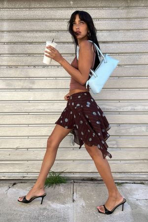 Hevenna Asymmetrical Chiffon Mini Skirt Brown / Blue Polka