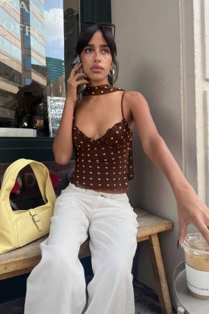 Mishy Scarf Detail Cami Top Brown Polka Dot