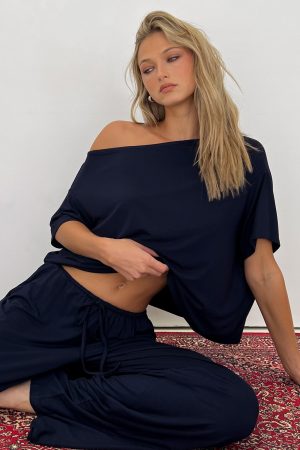 Cozy Hour Sleep Relaxed Off Shoulder Top Navy