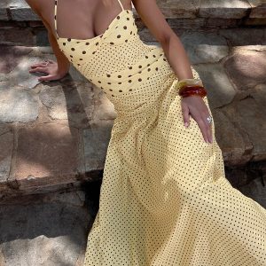 Marguerite Halter Maxi Dress Lemon / Brown Polka Dot