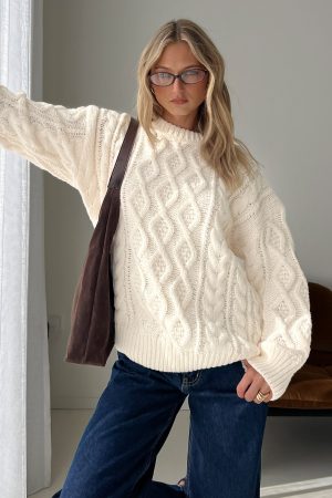 Rorey Cable Knit Crew Neck Sweater White