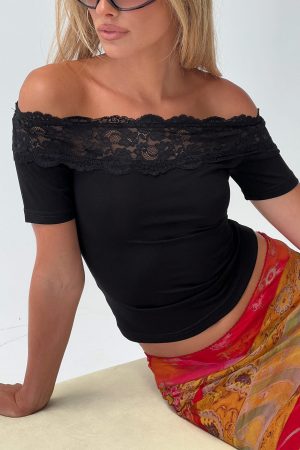 Breiann Lace Off Shoulder Short Sleeve Top Black
