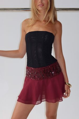Zenayda Drop Waist Sequin Mini Skirt Burgundy
