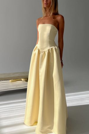 Soft Bloom Drop Waist Strapless Maxi Dress Yellow