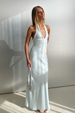Strawberry Clouds Hotstone Satin Maxi Dress Icy Blue