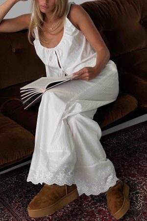Kissed Chaos Broderie Anglais Tie Waist Pants White