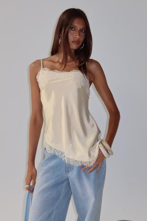 Winta Lace Trim Asymmetrical Satin Top Cream
