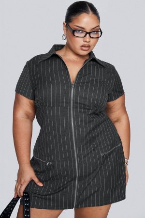 Wynona Mini Dress White / Grey Pinstripe Curve