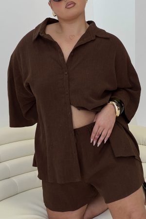 Peni Linen Button Down Top Chocolate Curve