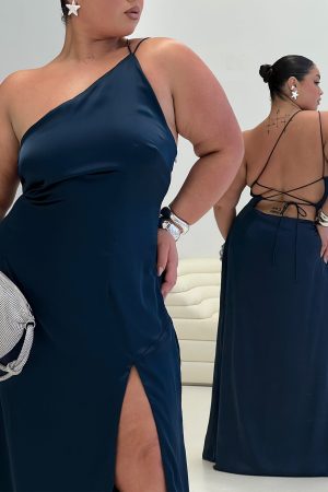 Kiss Of Life Satin Maxi Dress Navy Curve