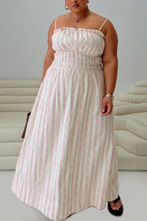 Persephone Shirring Linen Maxi Dress Pink Stripe Curve