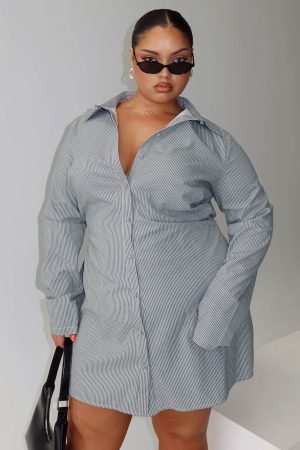 Publicity Long Sleeve Mini Dress Blue Pinstripe Curve