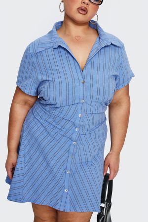 Saydie Button Down Mini Dress Blue Stripe Curve