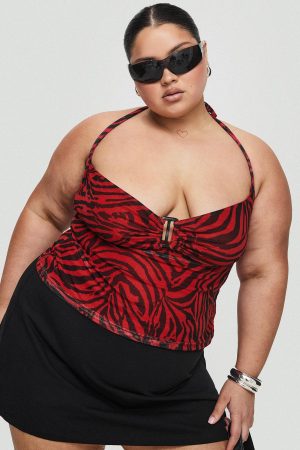 Cielo Mesh Halter Top Red Zebra Curve