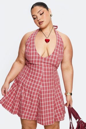 Out Of Nowhere Halter Mini Dress Red Check Curve